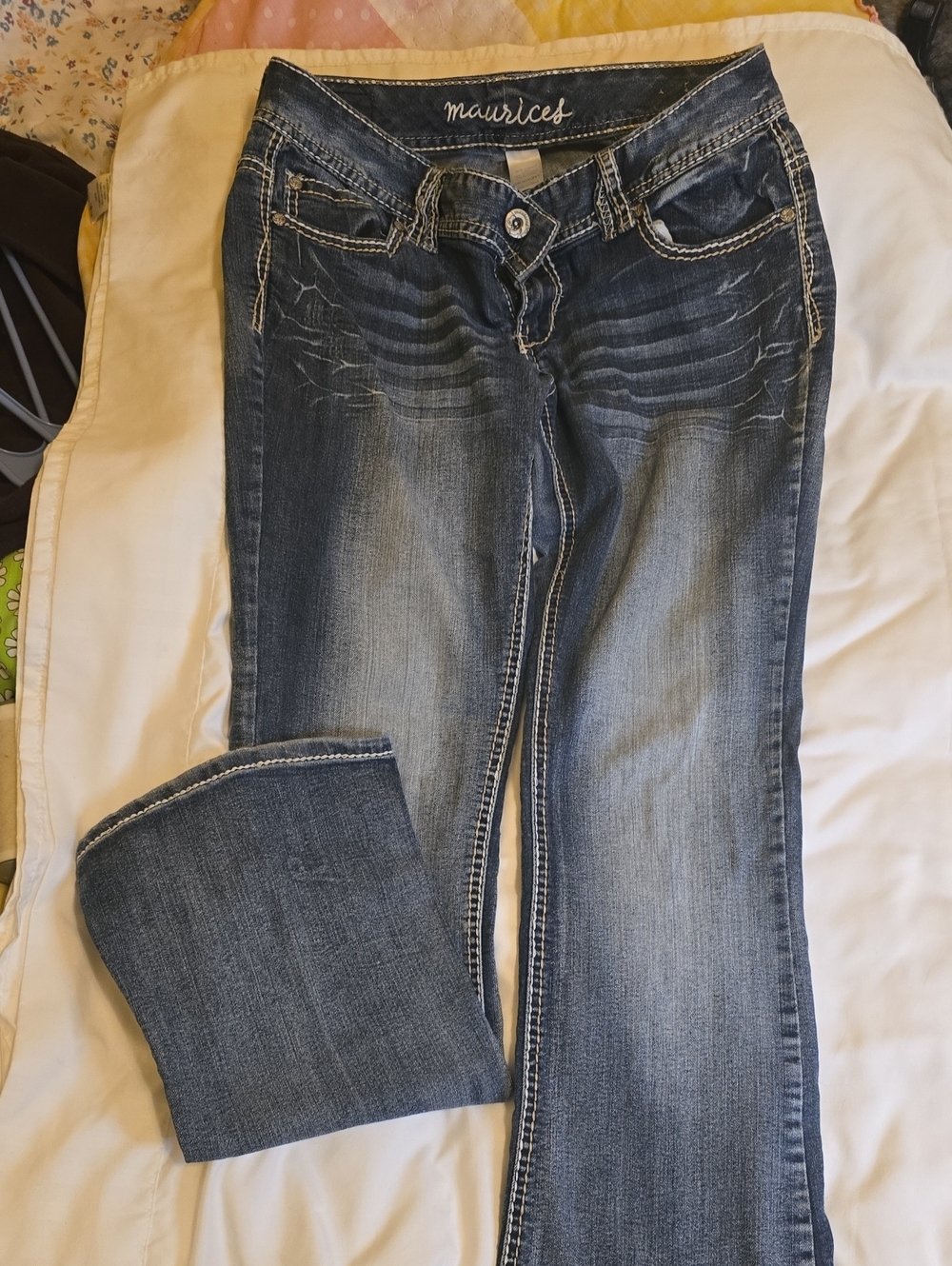 Maurices Dark/Medium Blue Bootcut Jeans with Faded Whisker Detail